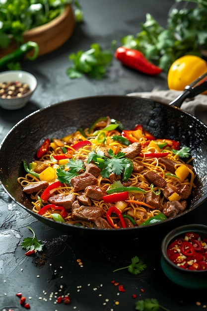 Delicious Stirfried Noodles with Meat and Vegetables in a Wok