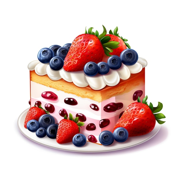 Photo delicious strawberry and blueberry cake isolated on white background