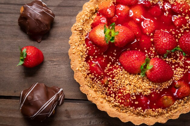 Delicious strawberry cake on the table