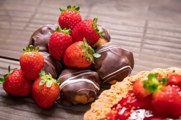 Delicious strawberry cake on the table