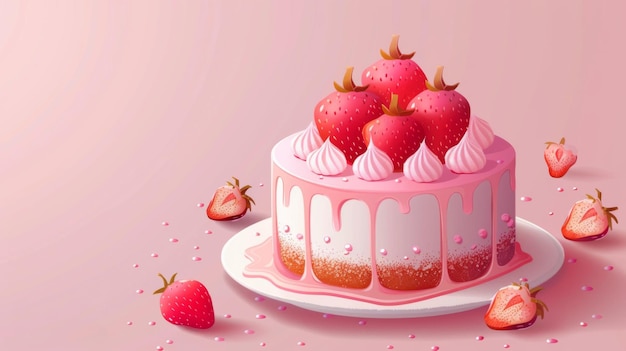 A delicious strawberry cake topped with whipped cream and fresh strawberries set against a pink background