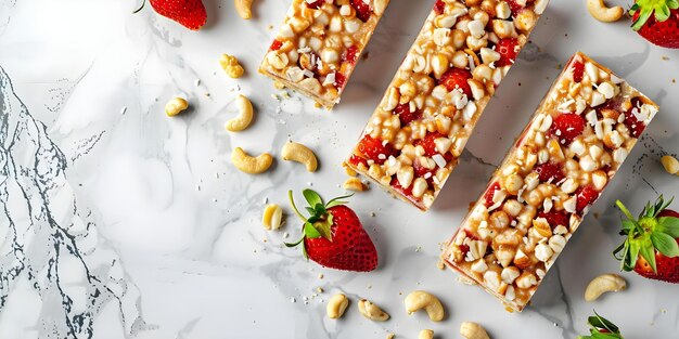 Photo delicious strawberry cashew coconut bars on a white marble countertop concept food photography dessert recipes healthy snacks home baking tropical ingredients