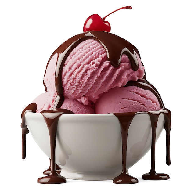 Photo delicious strawberry ice cream with chocolate drizzle perfectly scooped