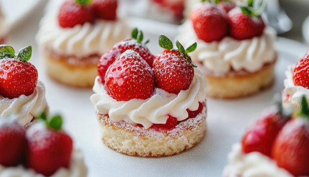 Photo delicious strawberry shortcakes topped with whipped cream on a serving platter