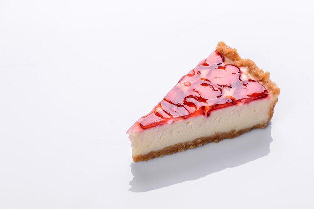 Delicious strawberry tart on concrete background top view copy space