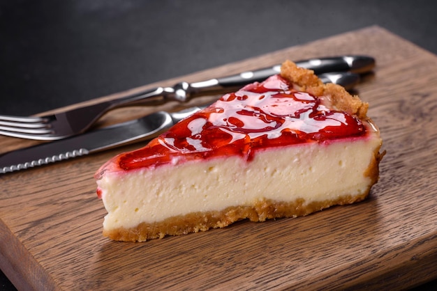 Delicious strawberry tart on concrete background top view copy space