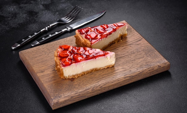 Delicious strawberry tart on concrete background top view copy space