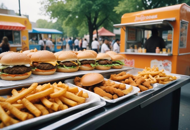 Photo delicious street food feast hamburgers fries and a refreshing drink