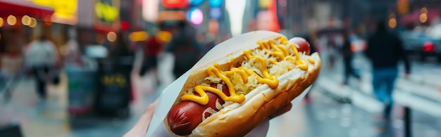 Photo a delicious street food hot dog topped with sauerkraut mustard and relish held in hand on a busy city street with vibrant lights in the background