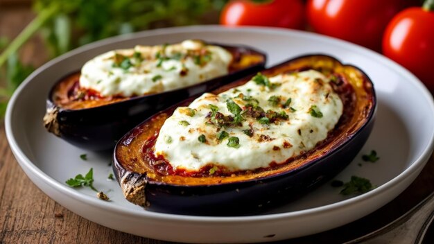 Photo delicious stuffed eggplant with herbs and cheese ready to be savored