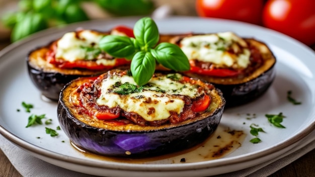 Photo delicious stuffed eggplant with melted cheese and fresh basil