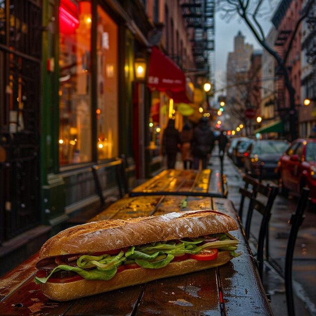 Photo delicious sub sandwich on a vibrant street table