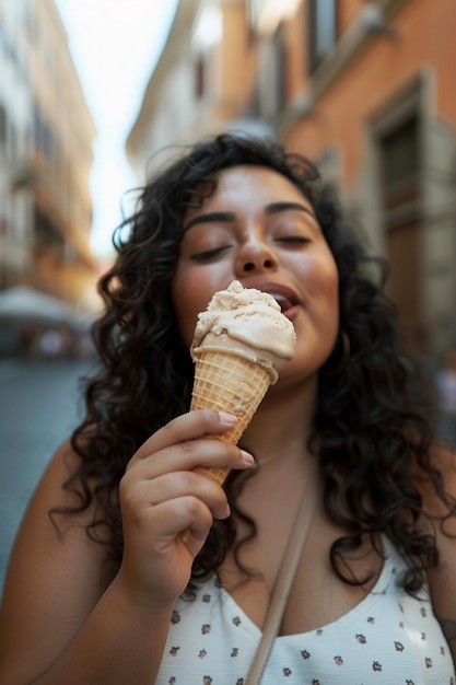 Delicious Summer Indulgence Woman Enjoying Ice Cream Cone in Charming European Street