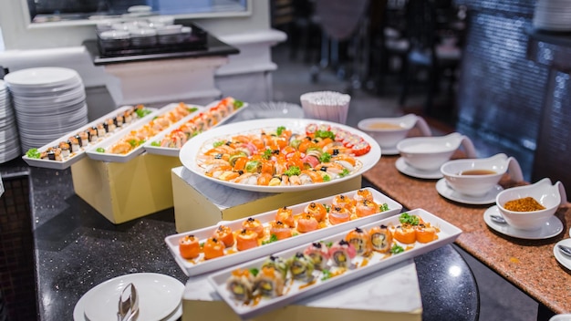 Delicious sushi rolls set in a variety of japanese food