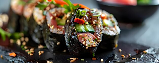 Photo delicious sushi rolls with sesame seeds cucumber and fish food photography