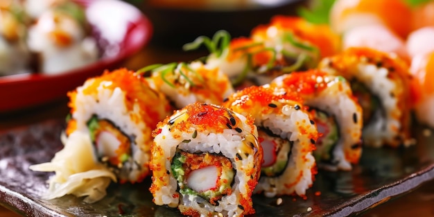 Delicious Sushi Rolls with Spicy Toppings on Traditional Ceramic Plate