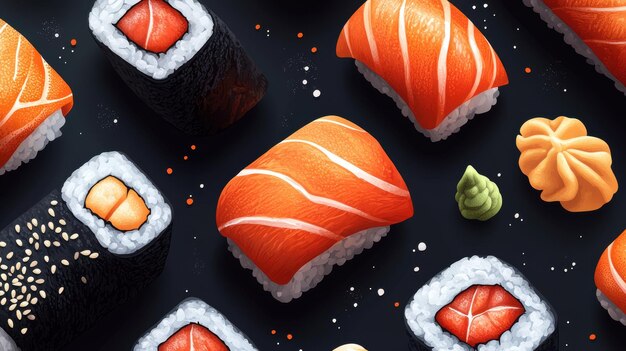 Photo delicious sushi and sashimi arranged beautifully on dark background showcasing vibrant colors and