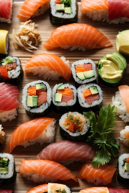 delicious sushi on wooden plate