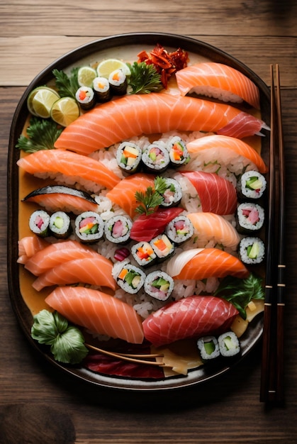 delicious sushi on wooden plate