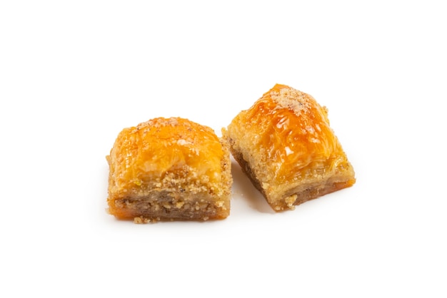 Delicious sweet baklava isolated on white background. Top view.