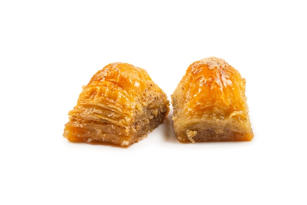 Delicious sweet baklava isolated on white background. Top view.