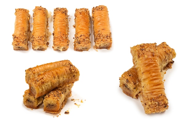 Delicious sweet baklava isolated on white background Top view