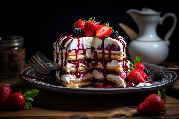 Delicious and sweet cake with strawberries and baiser on a plate