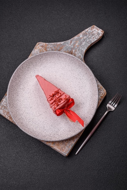 Delicious sweet cheesecake with fruits covered with icing with a wooden stick