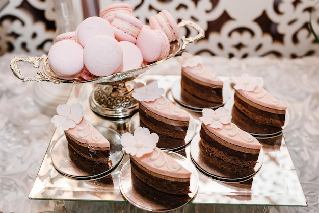 Delicious sweet chocolate and vanilla cakes and pink pastel beige macaroons in a plate on a background festive sweet table with baking