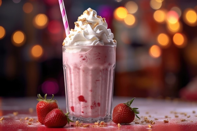 Delicious sweet strawberry milkshake in glass jar with cream on pink background ai generated