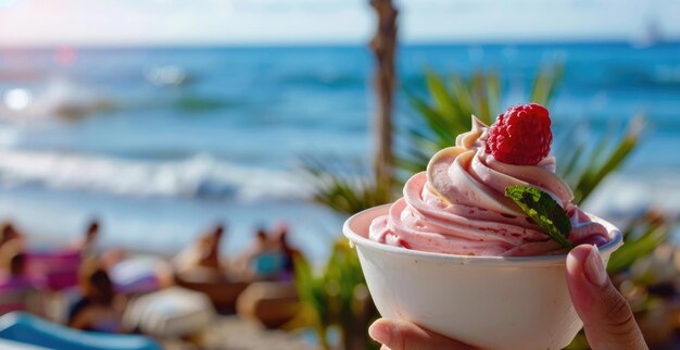 Delicious swirl of strawberry ice cream topped with raspberry against beach backdrop