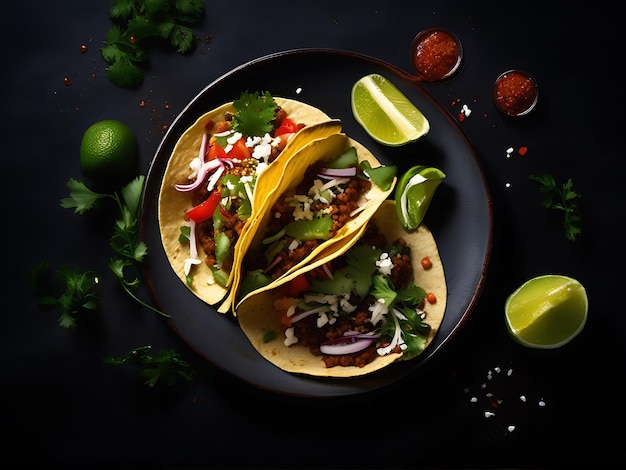 Photo delicious tacos filled with meat and vegetables served