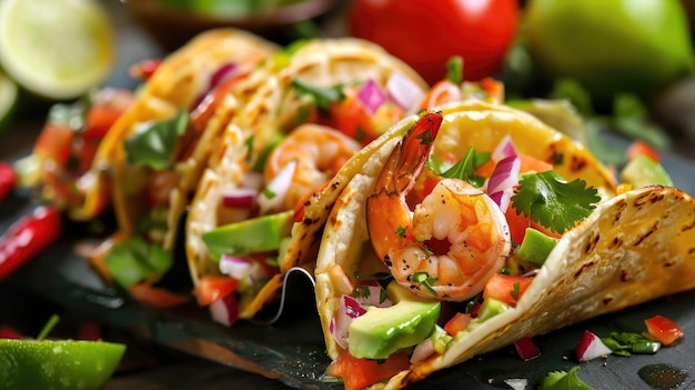 Photo delicious tacos shrimp taco with fresh vegetables salsa and avocado mexican seafood delight