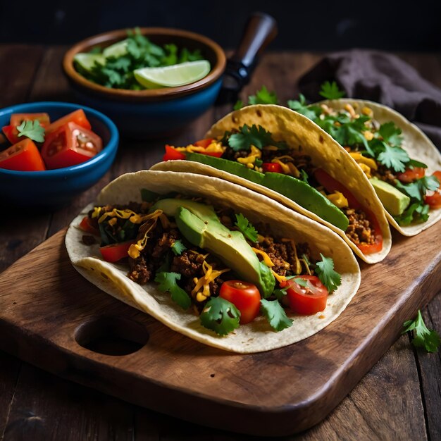 Delicious tacos with meat vegetables and cheese on a black and wooden background