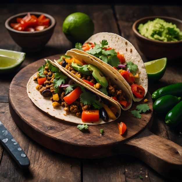 Delicious tacos with meat vegetables and cheese on a black and wooden background