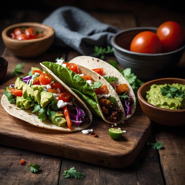 Delicious tacos with meat vegetables and cheese on a black and wooden background