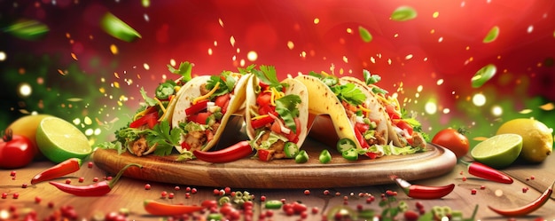 Photo delicious tacos on wooden board with vibrant red background and fresh ingredients