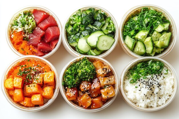 Photo delicious takeout poke bowls with fresh ingredients isolated on a clean white background