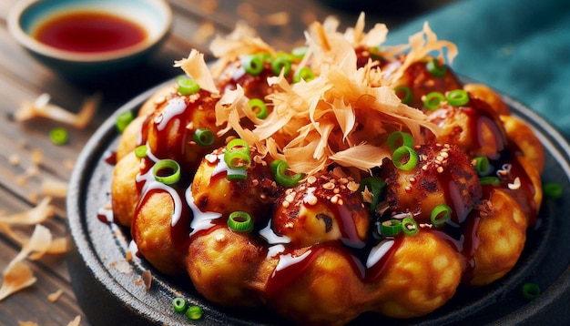 Delicious Takoyaki With Octopus Green Onions and Bonito Flakes Served in a Tray