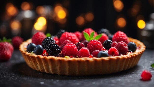 Delicious tart with berries on the dark table