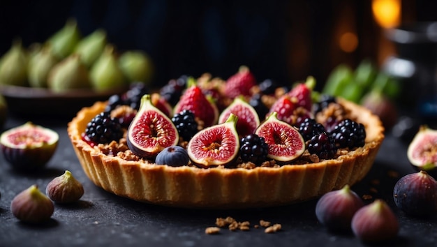 Delicious tart with berries and figs on a dark table