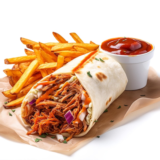 Delicious and Tasty BBQ Pulled Pork Burrito with Potato Fries isolated on White background