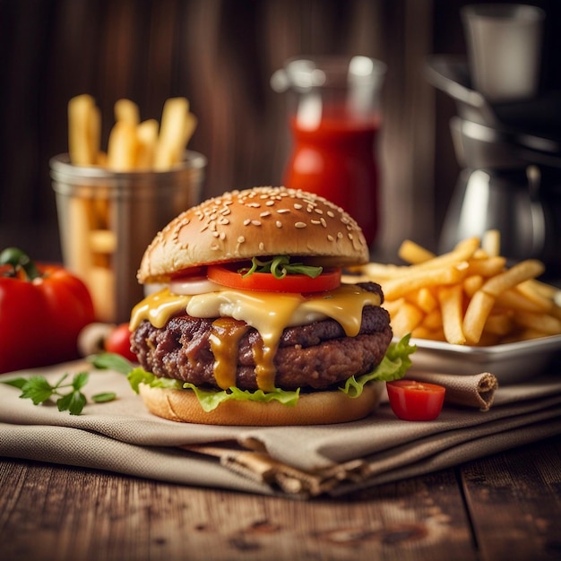 A delicious testy burger amp French fries combo