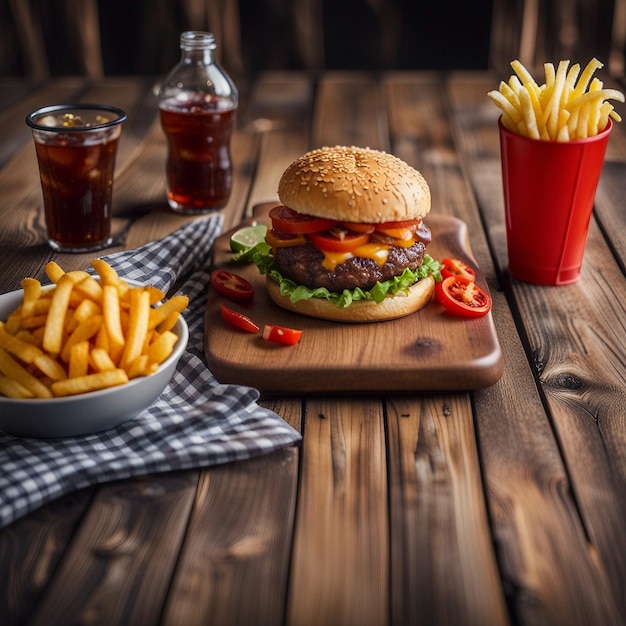 A delicious testy burger amp French fries