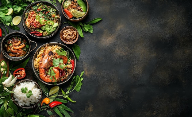 Photo delicious thai food dishes arranged on black background with space for text