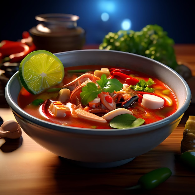 Photo delicious thai food tom yam kung spicy soup with shrimps mushrooms lemon coconut milk and chili