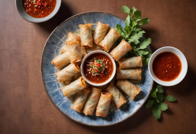 Delicious Thai Spring Rolls with Red Chili Pepper Garnish