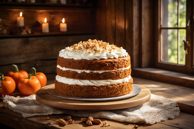 Delicious three layer carrot cake decorated with cream cheese frosting and sprinkled nuts