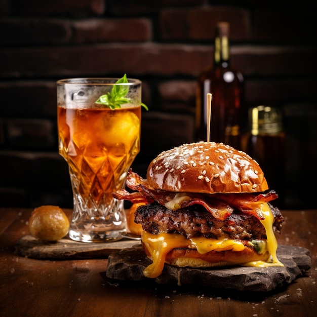 a delicious threemeat burger with bacon and yellow cheese accompanied by a glass of whiskey on the