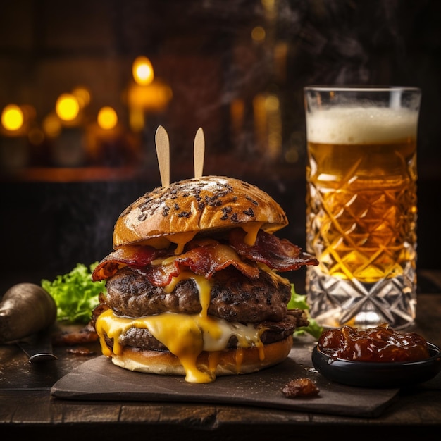 a delicious threemeat burger with bacon and yellow cheese accompanied by a glass of whiskey on the